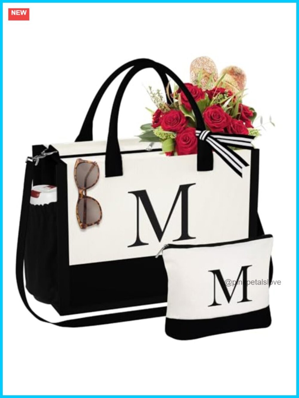 Initial Canvas Tote Bag with Makeup Bag - Monogrammed Beach Bag Large Capacity